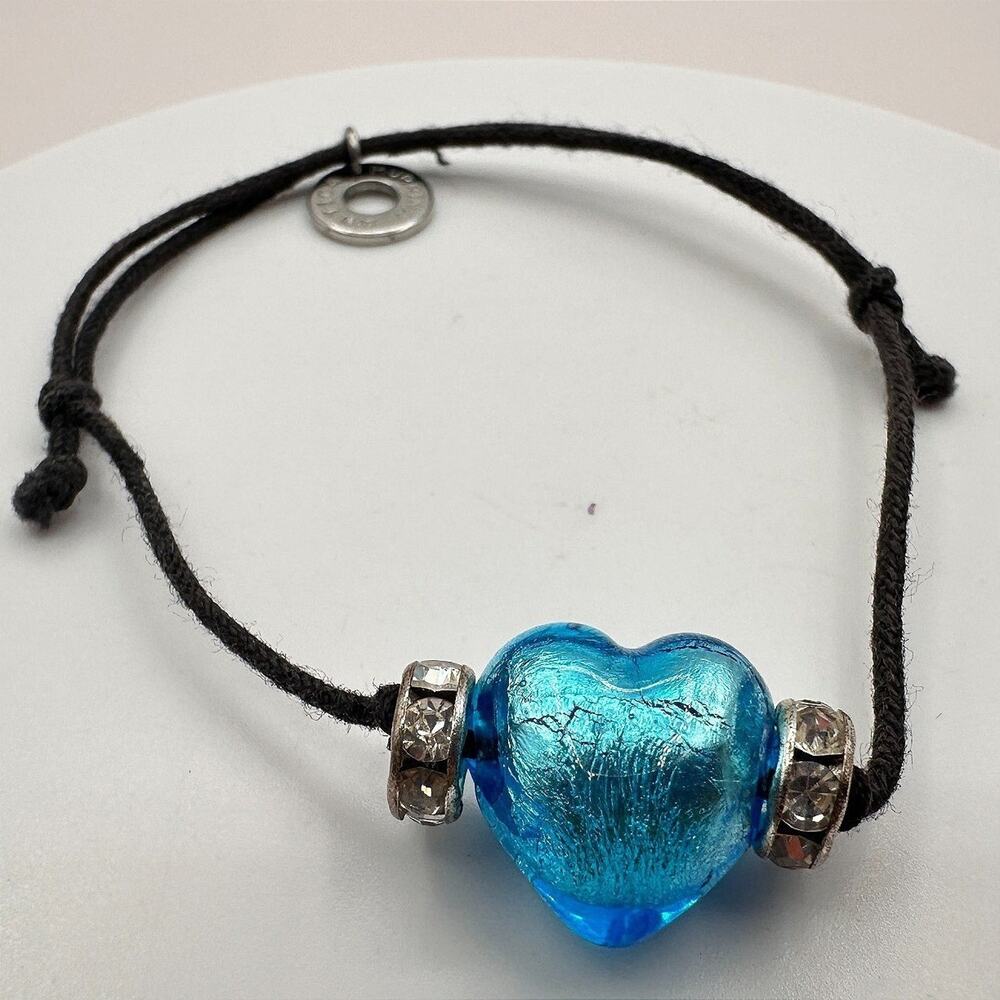 Vintage Y2K Silver Tone Blue Glass Heart Cord Bracelet Women's Classic Jewelry